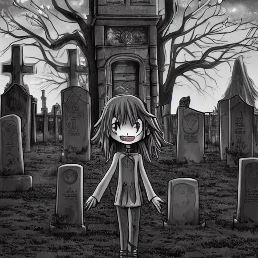 Image similar to anime hd, anime, 2 0 1 9 anime, tim burton children, western artstyle in anime, ghost children, children born as ghosts, dancing ghosts, london cemetery, albion, london architecture, buildings, gloomy lighting, moon in the sky, gravestones, creepy smiles