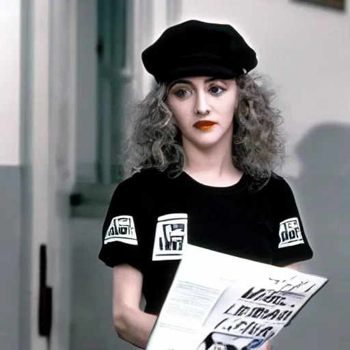 Image similar to picture of a 2 4 - year old madonna's famous 1 9 8 4 cameo as a mcdonald's worker in trading places, ( eos 5 ds r, iso 1 0 0, f / 8, 1 / 1 2 5, 8 4 mm, postprocessed, crisp face, facial features )