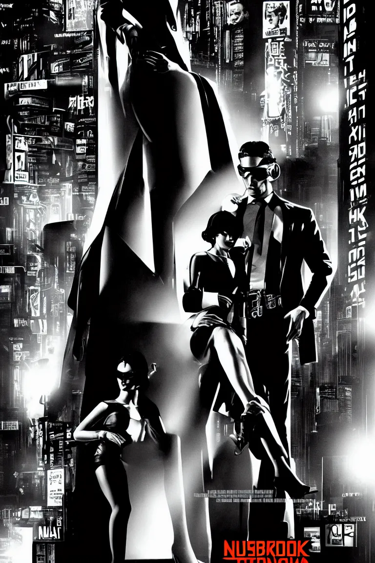 Prompt: a classic film noir movie poster of a stylish Hollywood crime drama, cyberpunk, Femme fatale