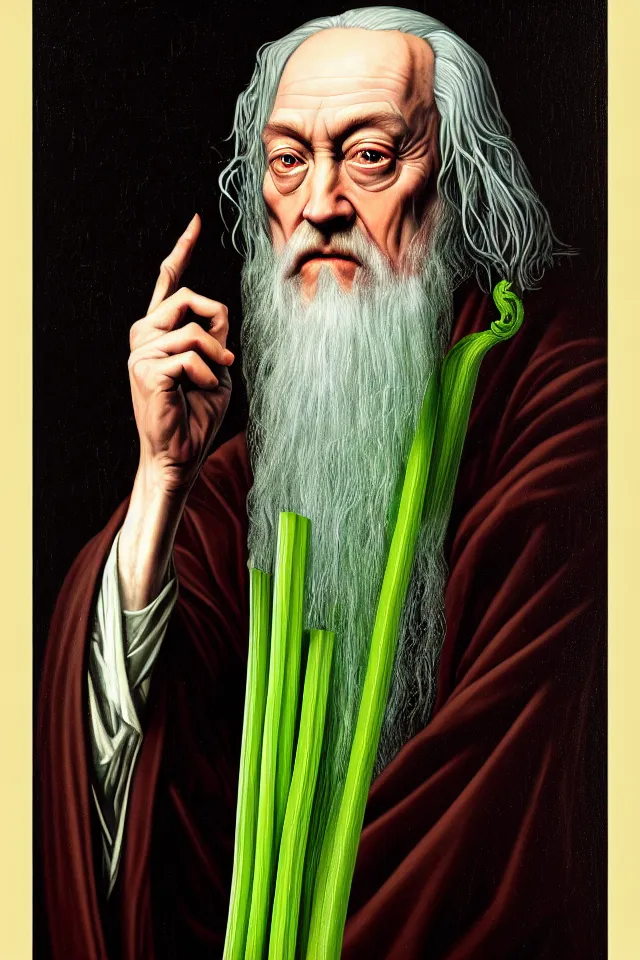 Prompt: bizarre renaissance portrait of dumbledore as a highly detailed celery stick, dramatic cinematic lighting, 8 k, beautiful intricate painting by dan mumford