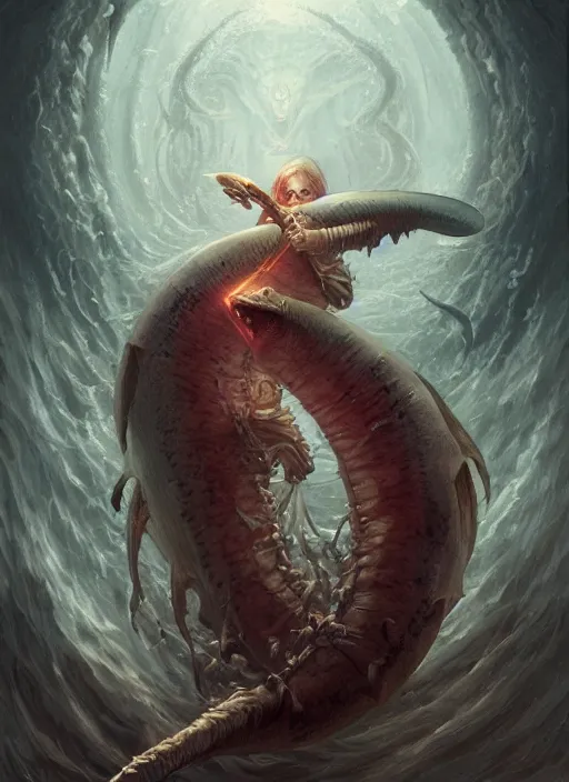 Prompt: a vampire with a sea lamprey!!!!! mouth, in the styles of peter mohrbacher, gerald brom, and marc simonetti, intricate, hyperrealistic, volumetric lighting