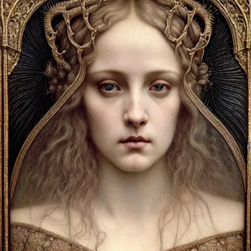 Image similar to detailed realistic beautiful young medieval queen face portrait by jean delville, tom bagshaw, brooke shaden, gustave dore and marco mazzoni, art nouveau, symbolist, visionary, gothic, pre - raphaelite, ornate gilded medieval icon, surreality, ethereal, unearthly, haunting, celestial, neo - gothic