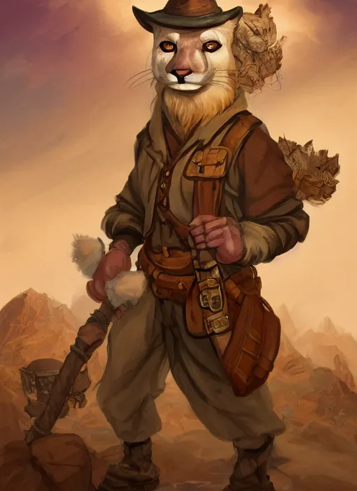 Image similar to fursona commission of a anthro albino mountain lion wearing old-timey miner's clothes. pretty, beautiful, DnD character art portrait, matte fantasy painting. Desert mining town. DeviantArt Artstation, by Jason Felix by Steve Argyle by Tyler Jacobson by Peter Mohrbacher, cinematic lighting