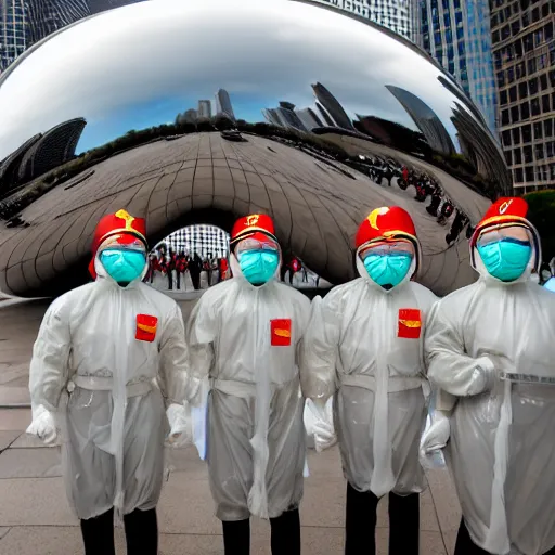 Image similar to chinese soldiers in hazmat suits carrying machine guns, detailed faces, cloud gate chicago, grey skies