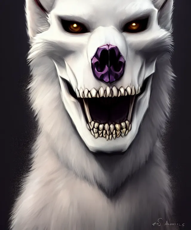 Image similar to male anthropomorphic white wolf skull furry, cute - fine - face, pretty face, key visual, realistic shaded perfect face, fine details by stanley artgerm lau, wlop, rossdraws, james jean, andrei riabovitchev, marc simonetti, and sakimichan, trending on artstation