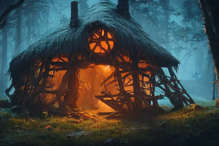 Prompt: witch hut, hyper realistic, ambient lighting, concept art, intricate, hyper detailed, smooth, dynamic volumetric lighting, octane, raytrace, cinematic, high quality, high resolution, 4 k, jean - baptise monge