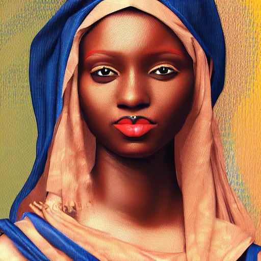 Image similar to an african woman's painting in the style of mona lisa by leonardo da vinc, octane renderi