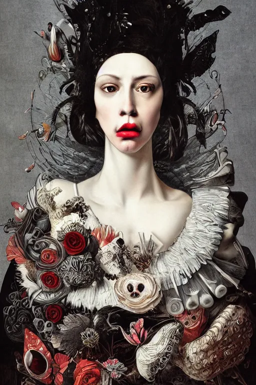 Image similar to Detailed maximalist portrait with large lips and with large white eyes, angry expression, HD mixed media, 3D collage, highly detailed and intricate surrealism, illustration in the style of Caravaggio, dark art, baroque