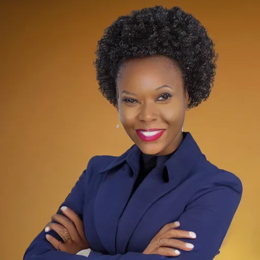 Prompt: a full - body shot of a beautiful, african - american female news reporter, with a buzzcut, ultra hd, high definition, high quality, crisp, sharp, smooth, 8 k resolution