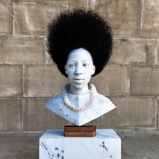 Prompt: a photorealistic all white marble sculpture of a black girl with a white afro