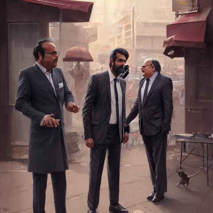 Image similar to portrait of tall indian man in a suit arguing with danny devito outside a bar, elegant, real life skin, intricate artwork, high detailed, artstation, concept art, smooth, sharp focus, art by artgerm and greg rutkowski