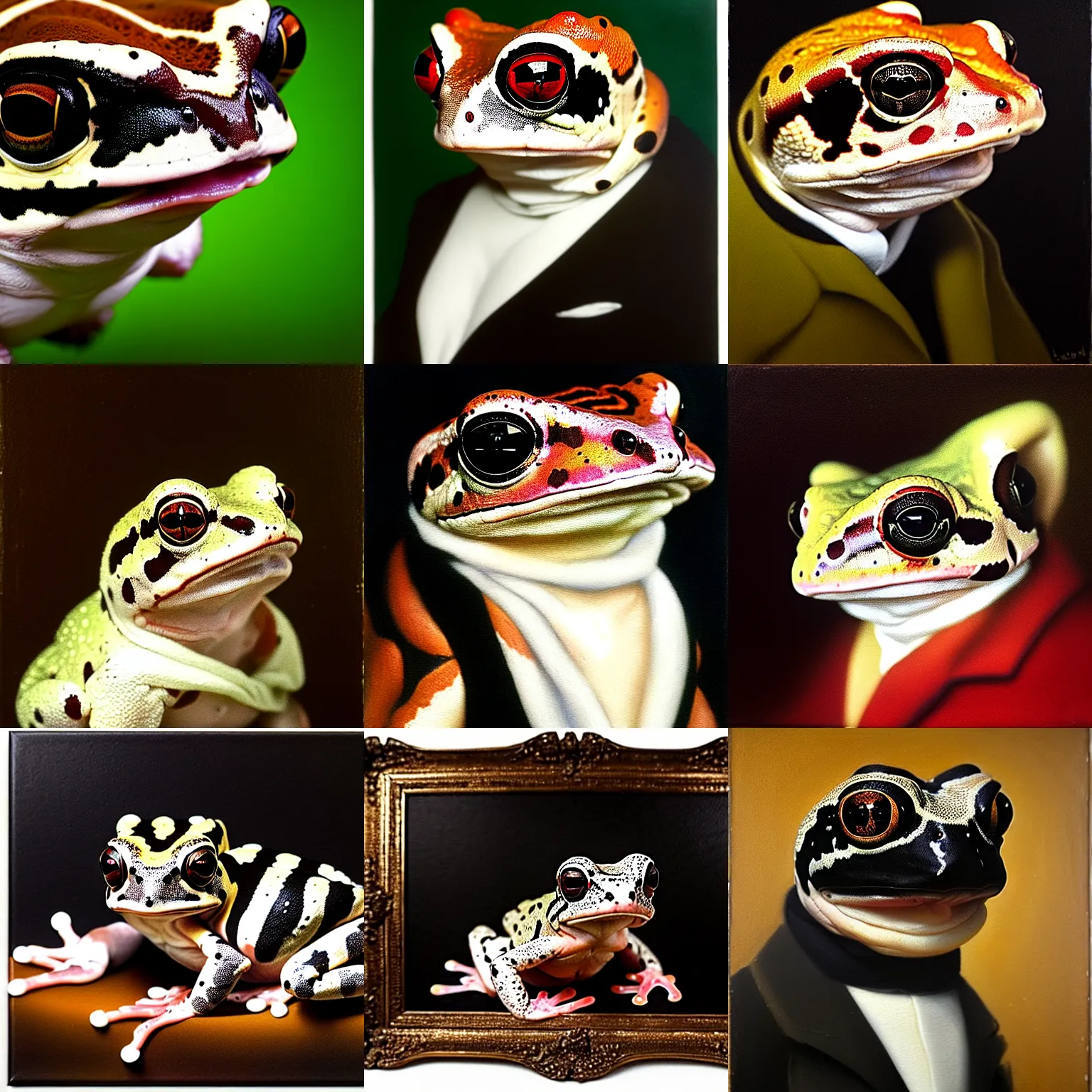 Prompt: a head - and - shoulders portrait of an amazon milk frog wearing a black buttoned jacket with a white scarf!!!, an american romanticism painting, a portrait painting, cgsociety, soft focus, oil on canvas