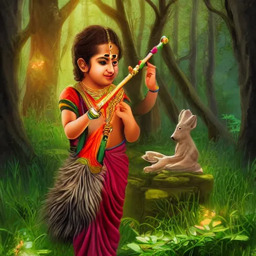 Prompt: photorelastic ,Young Krishna playing flute in forest and all animals listen his melodious music , Zoom out ,artstation, devainart ,illustration, scenery,