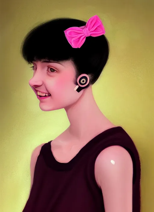 Image similar to portrait of teenage girl, narrow face, black hair, bangs, half updo hairstyle, skinny, big nose, smile, unattractive, defined jawline, big chin, wearing pink hair bow, earrings, intricate, elegant, glowing lights, highly detailed, digital painting, artstation, sharp focus, illustration, art by wlop, mars ravelo and greg rutkowski