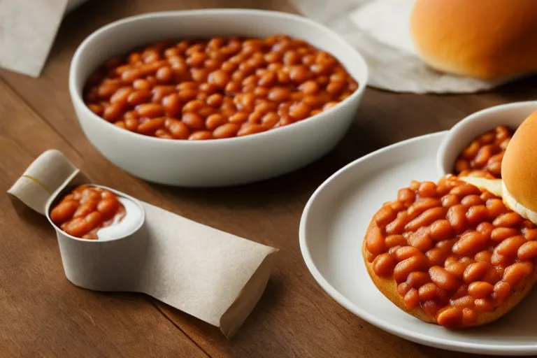 Image similar to mcdonalds baked beans between two sesame seed buns, commercial photograph