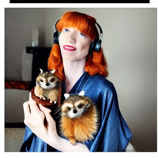 Prompt: a stunning hyper-detailed photo of one slender beautiful smiling woman with long ginger hair and bangs, wearing a luxurious silk robe, wearing headphones and posing with her large ginger tabby cat and her raccoon and parrots in a red overstuffed easy chair in her Victorian living room, holding a porcelain parrot-shaped coffee mug and a donut, perfect eyes, fashion photography, dramatic cinematic lighting, octane render, IBEX Masters, unreal engine, 85 mm lens, paisley wallpaper