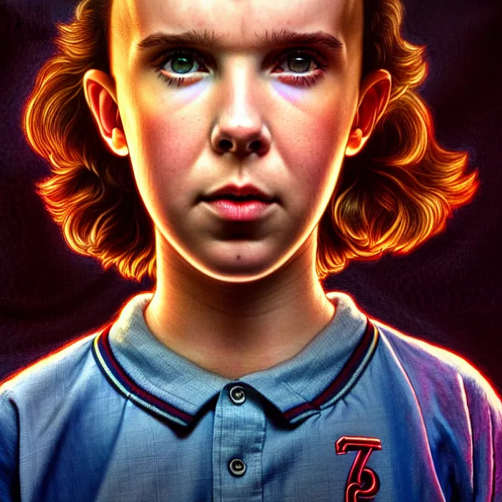 Prompt: Millie Bobbie Brown in Stranger Things as Eleven, diffuse lighting, fantasy, intricate, elegant, highly detailed, lifelike, photorealistic, digital painting, artstation, illustration, concept art, smooth, sharp focus, art by John Collier and Albert Aublet and Krenz Cushart and Artem Demura and Alphonse Mucha