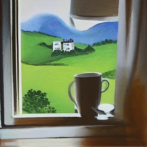 Image similar to “ nostalgic painting of a breakfast table with a steaming cup of coffee and a newspaper. the window behind it shows a green idyllic hill with a road on it, and families walking to school ”