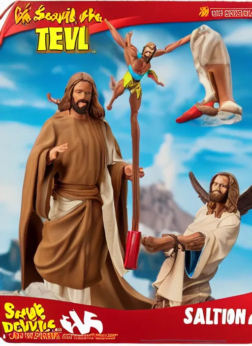 Image similar to Jesus vs the Devil in the flying sandals of salvation action figures toy pack