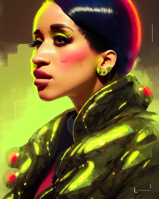 Prompt: detailed side profile portrait Cardi B, cyberpunk futuristic neon, reflective puffy coat, decorated with traditional Japanese ornaments by Ismail inceoglu dragan bibin hans thoma greg rutkowski Alexandros Pyromallis Nekro Rene Maritte Illustrated, Perfect face, fine details, realistic shaded, fine-face, pretty face