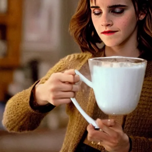 Image similar to emma watson drinking a saucer of warm milk, in the style of a bob ross painting