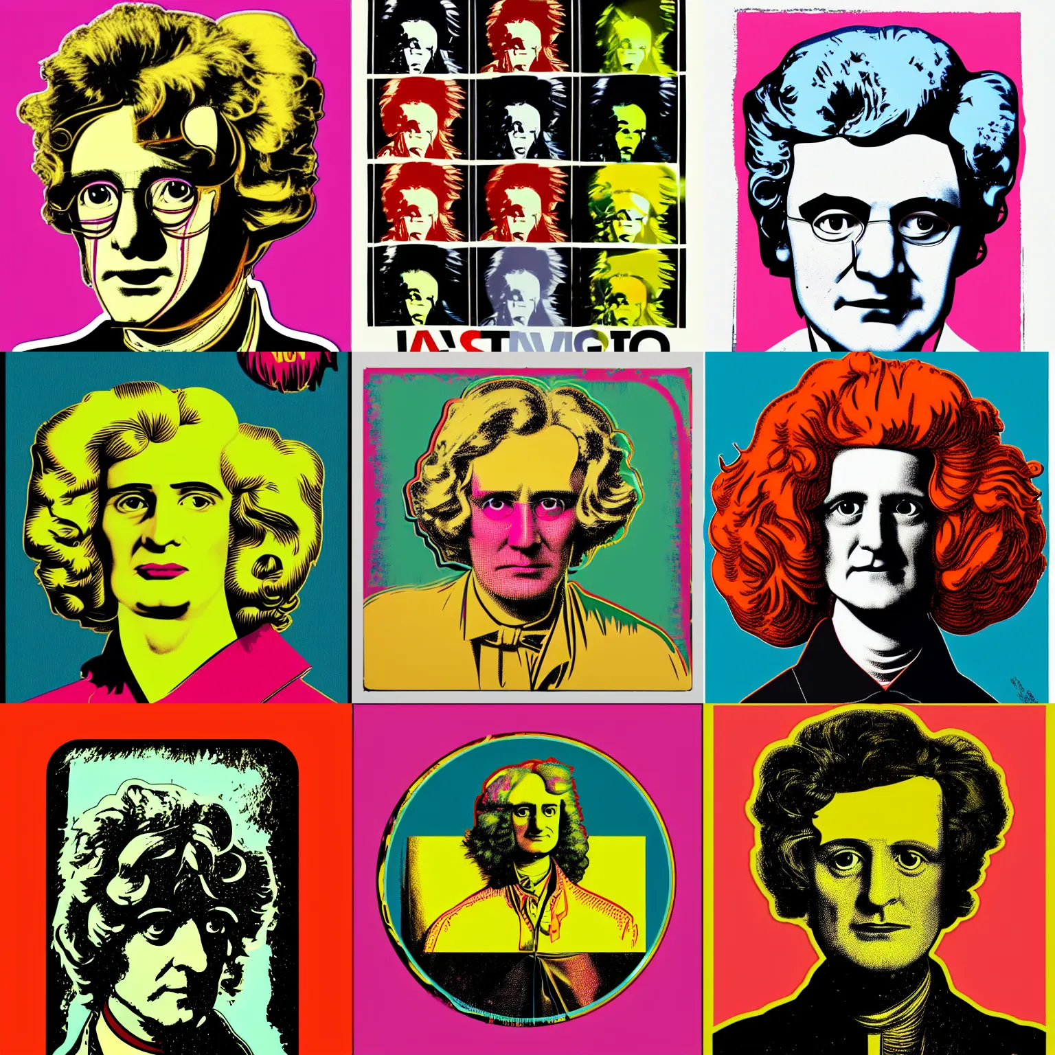 Prompt: isaac newton extremely big wig, sticker, silk screen print, vector, andy warhol style, illustration by butcher billy