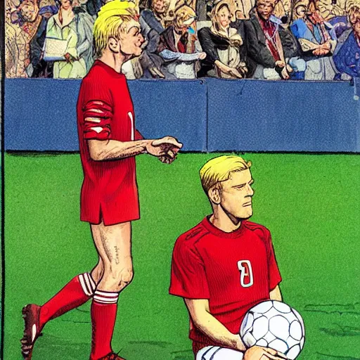 Image similar to a blonde man inspecting a soccer game from the stands. happy, colorful Epic portrait by james gurney and mœbius.