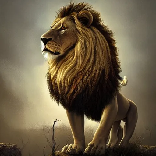 Prompt: michal karcz cartoon painting of a lion. , horror theme, detailed, elegant, intricate, 4k,