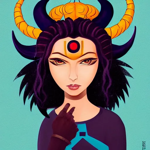 Prompt: illustrated portrait of ram-horned devil woman with blue bob hairstyle and tanned #FFA500 colored skin and with solid black eyes wearing leather by rossdraws