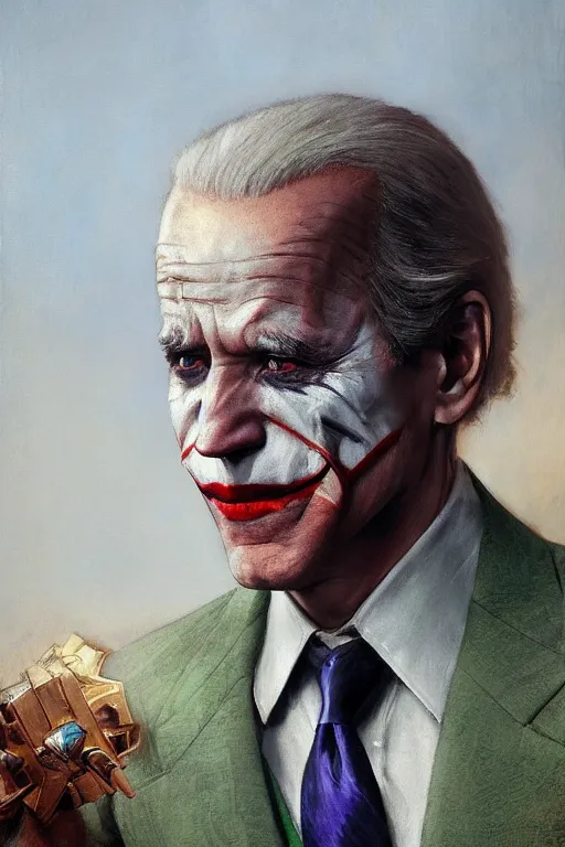 Prompt: detailed realistic cinematic wide shot of joe biden as the joker, symmetrical face, sharp focus, ultra realistic, spring light, painting by gaston bussiere, craig mullins, j. c. leyendecker