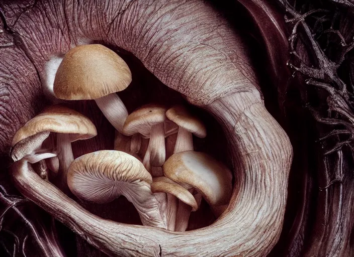 Prompt: close up shot of a mushroom with translucent skin, visible muscles and veins and arteries and bones and spines and nerves, beautiful detailed intricate insanely detailed octane render, 8k artistic photography, photorealistic, chiaroscuro, by David Cronenberg, Raphael, Caravaggio