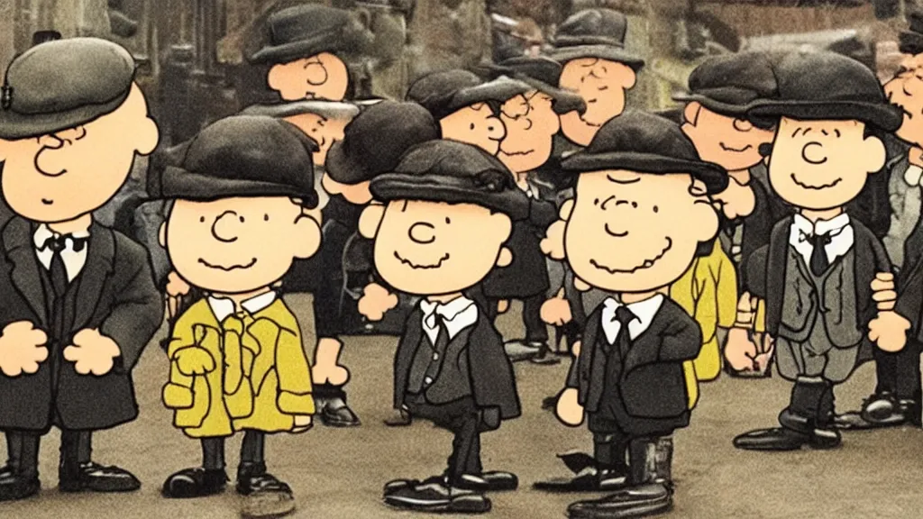 Prompt: peanuts dressed like the peaky blinders