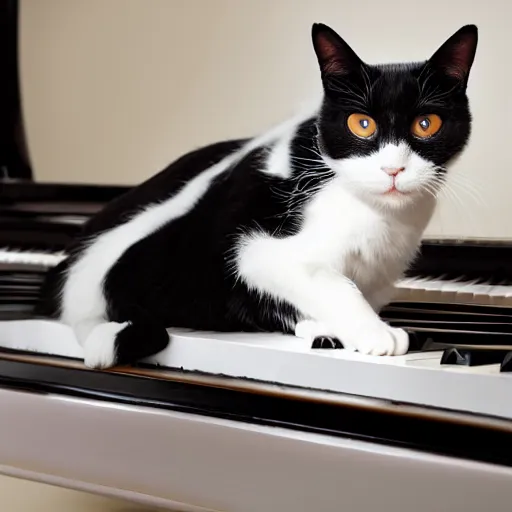 Image similar to A black and white cat in a tuxedo playing a baby grand piano.