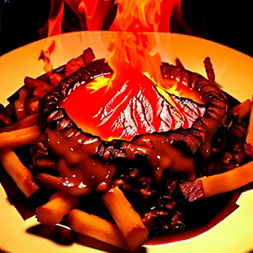 Prompt: highly detailed poutine from mount doom, lava texture, fire texture, volcano texture, smoke texture, char texture