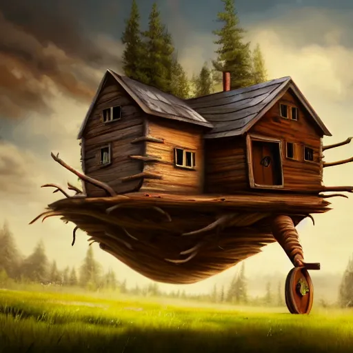 Prompt: a running wood and metal house with two legs and one big eye, rust, hyperrealistic, highly detailed, cinematic, single ray of sun, morning, pareidolia, gravity falls style, disney, beautiful, cgssociety, artstation, 8 k, oil painting, digital art