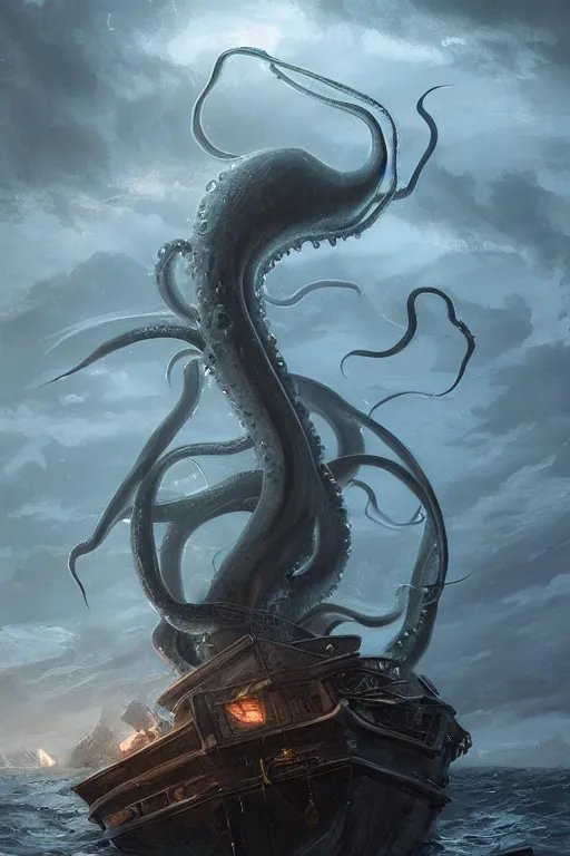 Image similar to gigantic squid-Kraken destroying a boat, lovecraftian creature, dramatic lighting, cinematic, establishing shot, extremly high detail, foto realistic, cinematic lighting, post processed, concept art, artstation, matte painting, style by eddie mendoza, raphael lacoste, alex ross