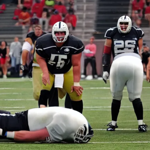 Prompt: an offensive tackle in the foreground is extremely upset as his quarterback lies dead in the background