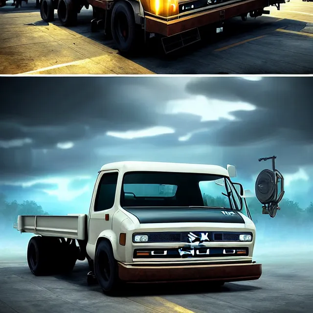 Prompt: epic professional digital art of Japanese Suzuki flatbed factory truck , best on artstation, cgsociety, wlop, Behance, pixiv, astonishing, impressive, outstanding, epic, cinematic, stunning, bounce lighting, gorgeous, concept artwork, much detail, much wow, masterpiece.