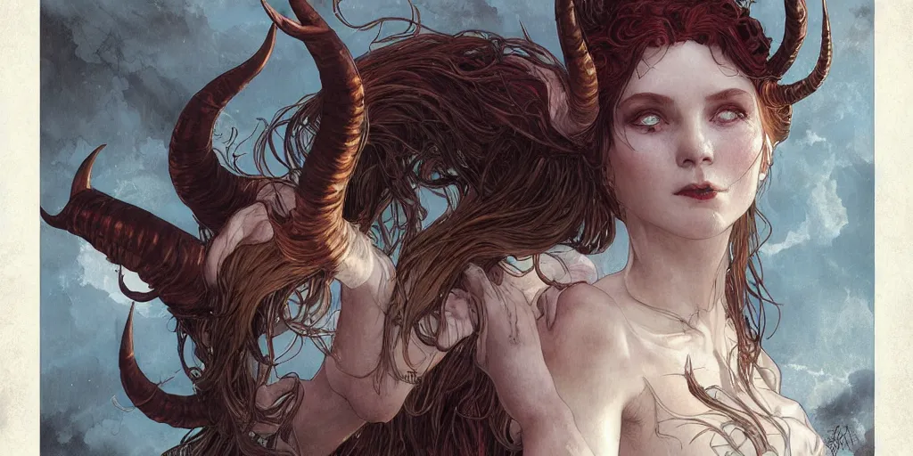 Prompt: posessed, sould demons a beautiful illustration of a witch with horns in head, young cindy crowford, redhead, intricate, sharp focus, illustration, highly detailed, digital painting, concept art, matte, art by wlop and artgerm and greg rutkowski and alphonse mucha, masterpiece