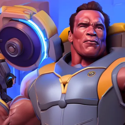 Prompt: a screenshot of arnold schwarzenegger as winston in overwatch