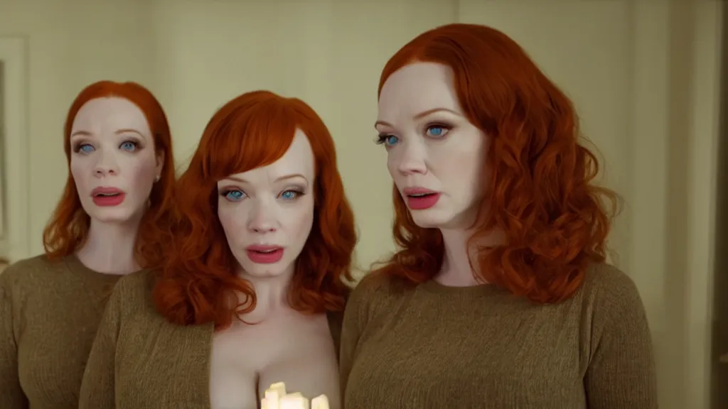 Image similar to a very surprised beautiful Christina Hendricks and her twin sister in the living room, film still from the movie directed by Denis Villeneuve with art direction by Salvador Dalí, wide lens