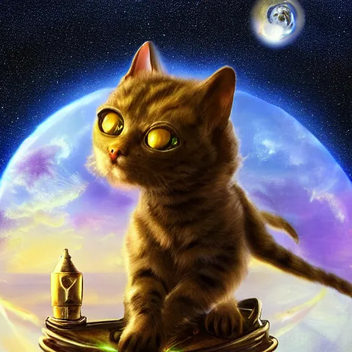 Image similar to fantasy cat with a helmet floating in space, high detail, fantasy art, concept art, 4 k, ultra detail, computer art