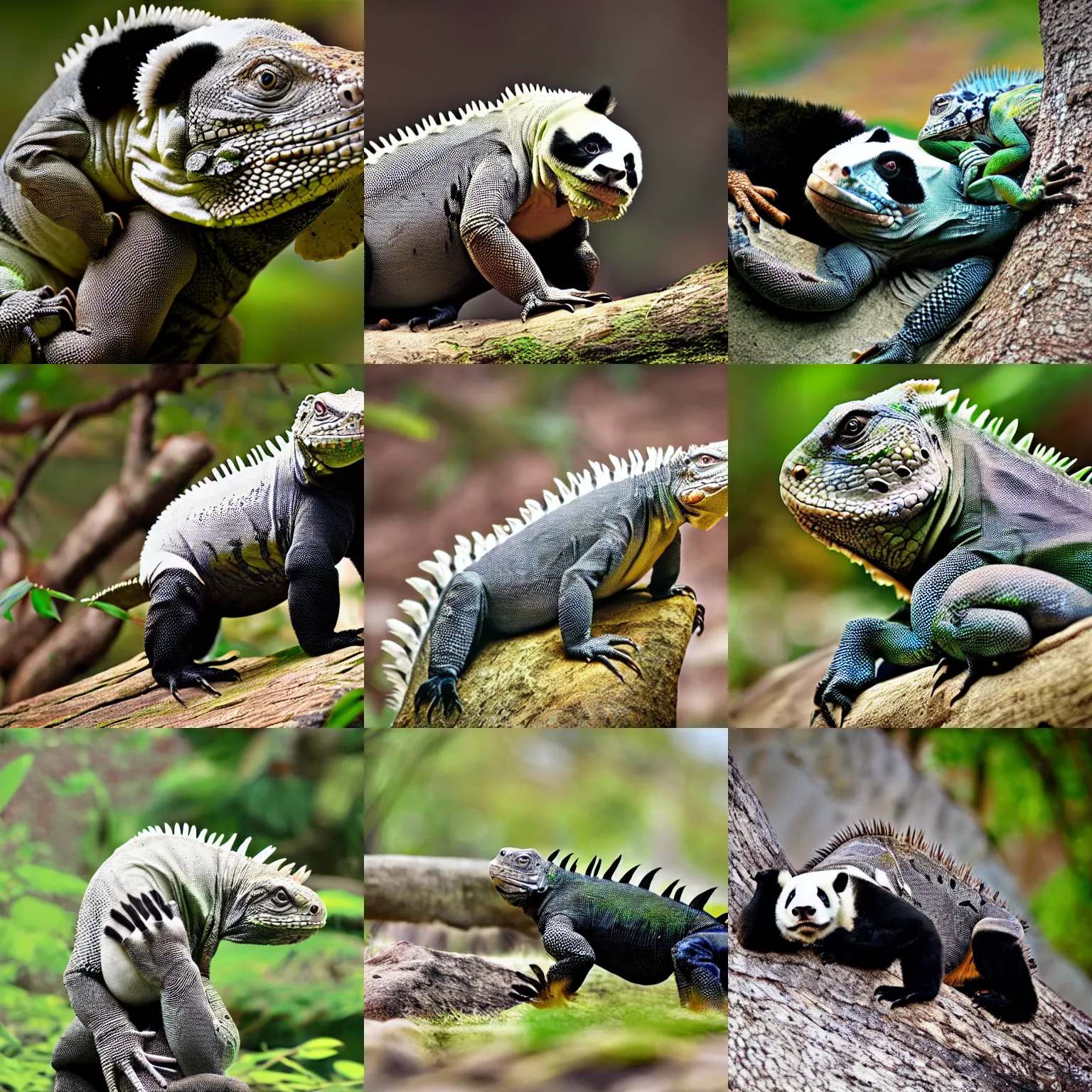 Prompt: iguana and panda hybrid animal, hd, wildlife photography, award winning