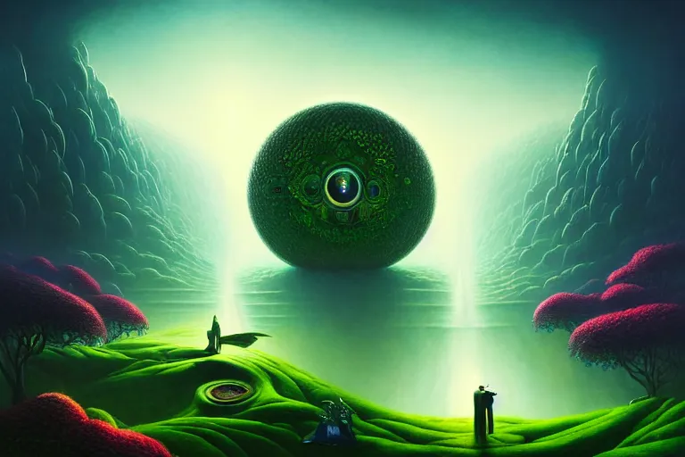 Prompt: an epic elegant masterpiece mysterious sci - fi painting of a man's green eyes, inspired by heironymous bosch's garden of earthly delights, digital art, dynamic lighting, vibrant colours, surreal lush landscapes by asher durand and cyril rolando and natalie shau and thomas kinkade, insanely detailed and intricate, elegant, macro, close up, 8 k