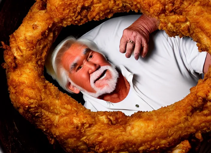 Image similar to photo still of kenny rogers in a fried chicken pit!!!!!!!! at age 4 6 years old 4 6 years of age!!!!!!!! hiding from parents, 8 k, 8 5 mm f 1. 8, studio lighting, rim light, right side key light