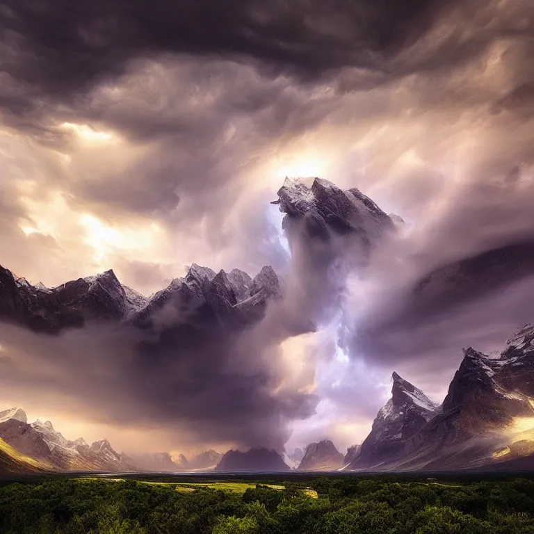 Prompt: beautiful landscape photography by marc adamus, storm, mountains, dramatic sky