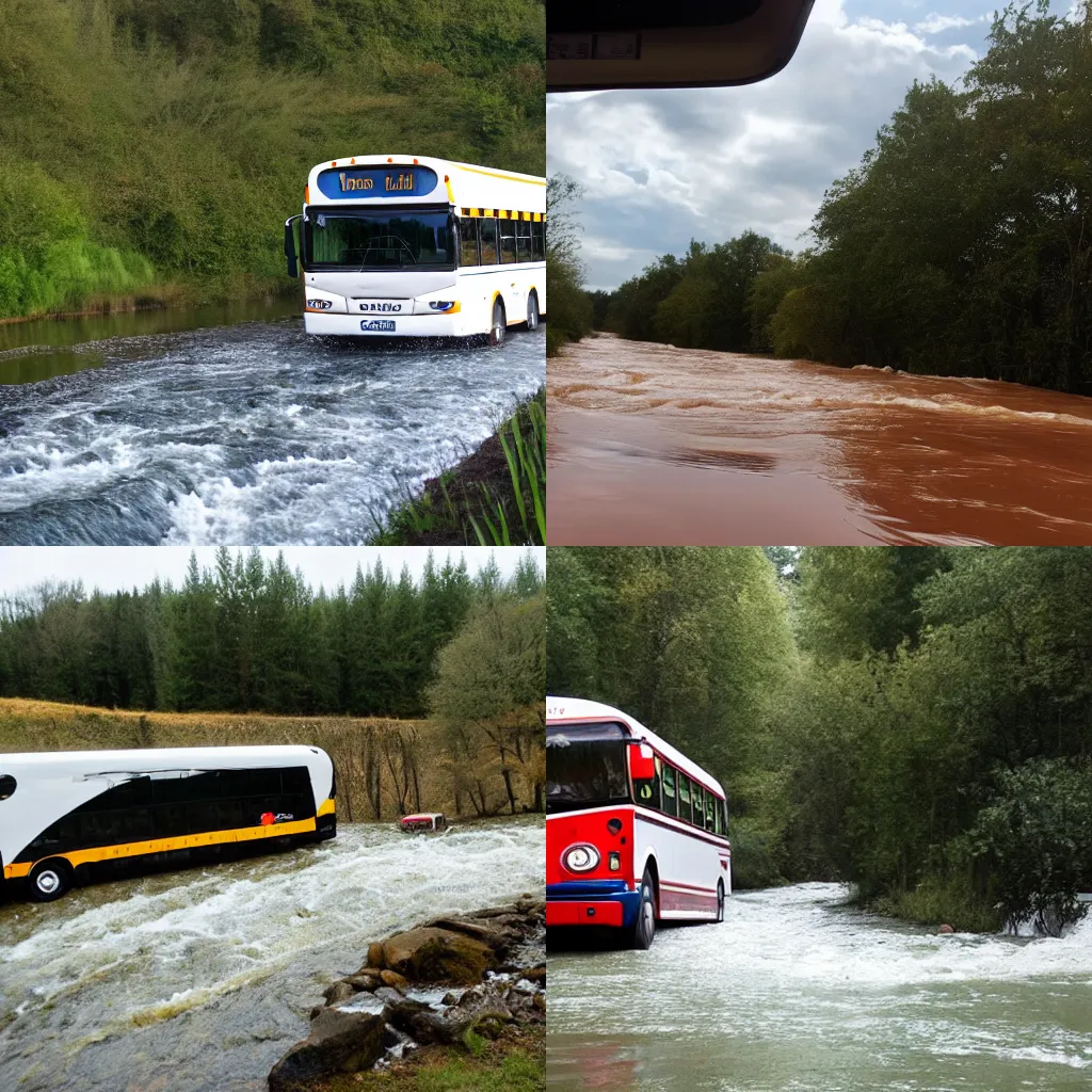 Prompt: bus driving through a river full of milk