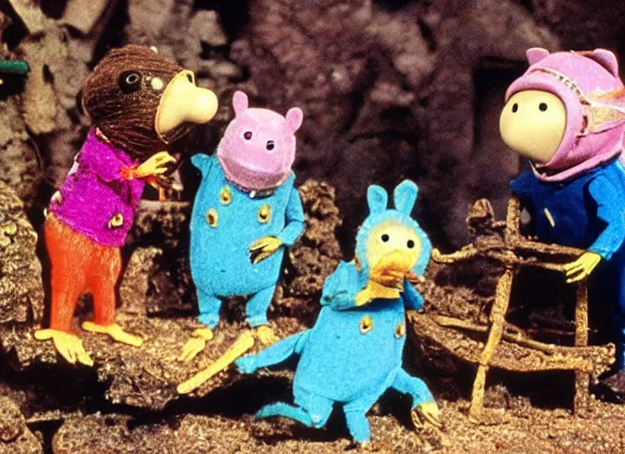 Image similar to a scene from a 1 9 8 0 s british kids tv programme by the bbc and oliver postgate, stop motion animation, the clangers, vhs distortion, folk horror