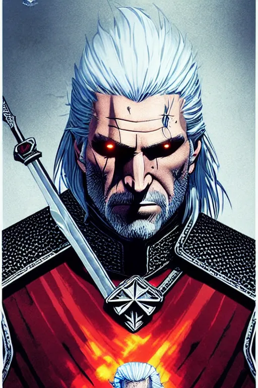 Image similar to poster of geralt from witcher 3, by yoichi hatakenaka, masamune shirow, josan gonzales and dan mumford, ayami kojima, takato yamamoto, barclay shaw, karol bak, yukito kishiro