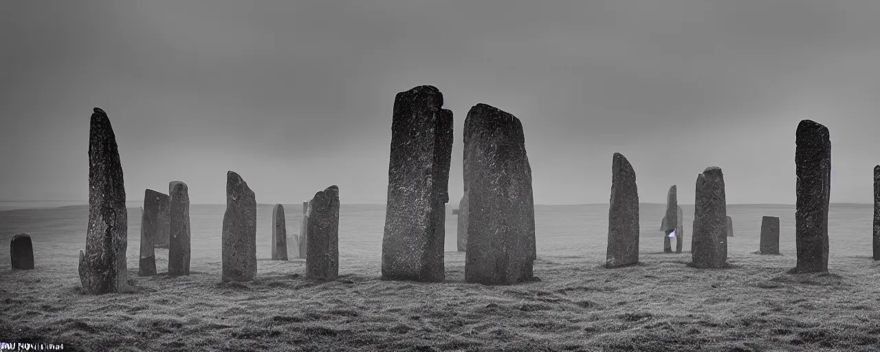 Image similar to The grim reaper stands stands among the neolithic standing stones of stenness, black and white, fog, grainy, snow, clouds